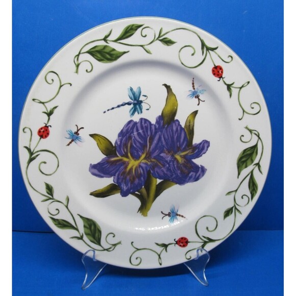 Tabletops Unlimited Botanical Garden 10 1/2" Dinner Plate Purple Flower Lady bug - Picture 1 of 15